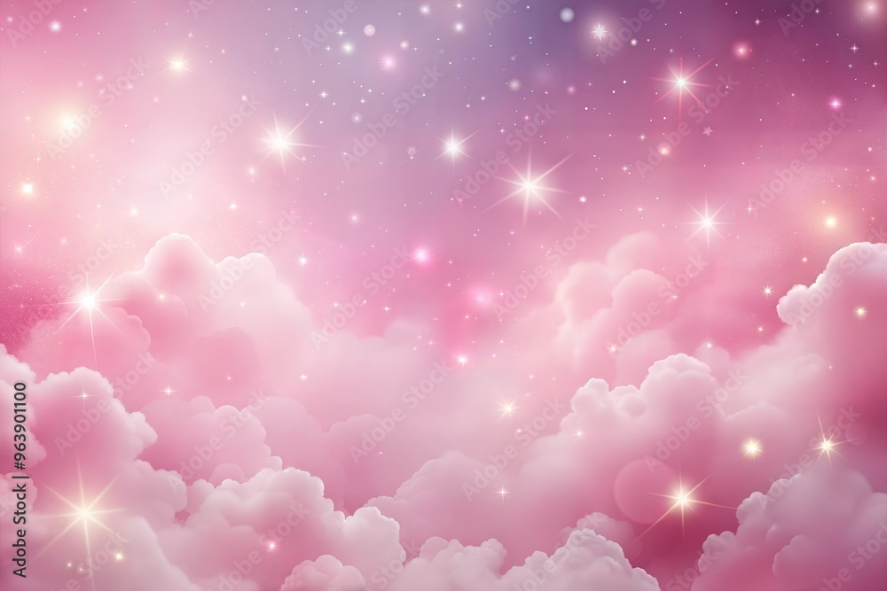 Dreamy night sky with pink clouds and twinkling stars in magical ...