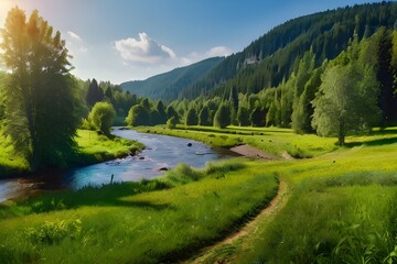 Wall Mural - Picturesque horizontal sunny landscape with river, forest and meadows. Green natural background. A panoramic image of nature for use in design. Wallpaper. See Less Generative AI