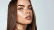 © Samady - Portrait of woman with shiny straight brown hair on white background. Concept Beauty, Haircare, Fashion, Studio Photoshoot, Women's Style