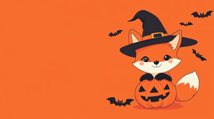 Poster - A charming cartoon fox dons a witch hat, cozily perched beside a carved pumpkin, set amidst playful bats for Halloween vibes.