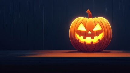 Wall Mural - A glowing pumpkin casts chilling shadows on a dark table, adding a spooky vibe to the eerie Halloween atmosphere.