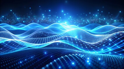 Poster - Digital art, motion graphics, abstract wave, particle effects, blue light, dark background, futuristic, technology, energy. Abstract blue lights and particles with rays of light on a dark background. 