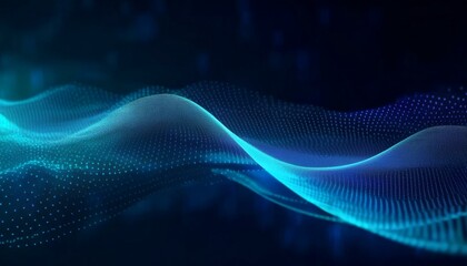 Poster - Digital art, motion graphics, abstract wave, particle effects, blue light, dark background, futuristic, technology, energy. Abstract vector wave flow. Sound oscillation design. Flowing particles.