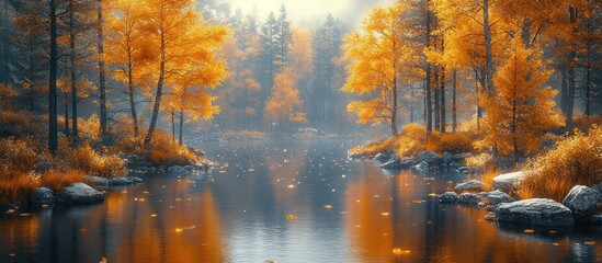 Poster - Autumnal River Through a Misty Forest