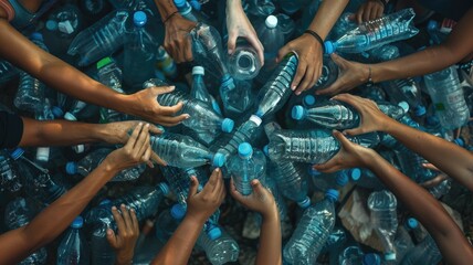 Close up people's hands collecting plastic wastes express and emphasize the important of recycling trash. Palm hand collect garbage to clean environment and saving ecology. Save earth concept. AIG53.