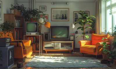 A retro 90s living room with vintage furniture and old technology