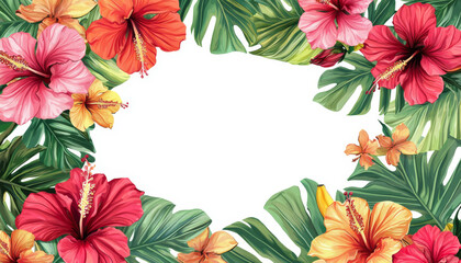 Wall Mural - A vibrant floral border featuring colorful hibiscus and tropical leaves, ideal for invitations or decorative purposes.