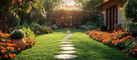 Sticker - Beautiful Backyard with Flowers and Stone Path