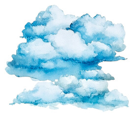 Blue watercolor clouds on white, cut out - stock png.