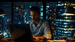 © DayDay Studio - Focused Professional Working Late Night Cityscape Laptop. AI Generated