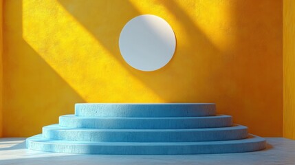 Leinwandbilder - 3d white clou3d flies above the blue platform with steps isolate3d on yellow backgroun3d modern minimal scene abstract uniqueness metaphor