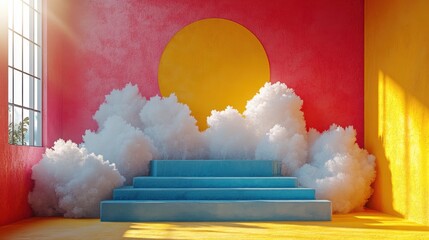 Canvas Print - 3d white fluffy clou3d levitates above the blue stage podium with steps isolate3d on yellow backgroun3d one of a kin3d or uniqueness concept modern minimal scene abstract metaphor