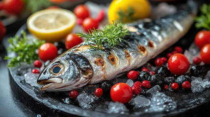 Wall Mural - A fish is on a plate with tomatoes, lemon, and parsley. The fish is called mackerel