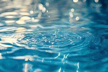 Blue water with ripples on the surface. Defocus blurred transparent blue colored clear calm water surface texture with splashes and bubbles. Water waves with shining pattern texture background, ai