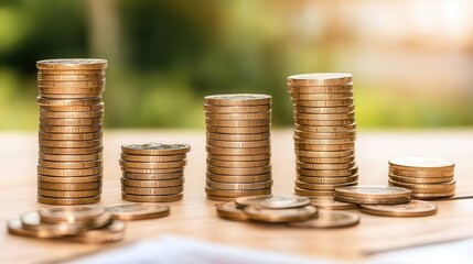 Wall Mural - Stack of Golden Coins on Wooden Table  Financial Growth  Currency  Investment