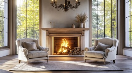 Two chairs and sofa near fireplace French country interior design of modern living room