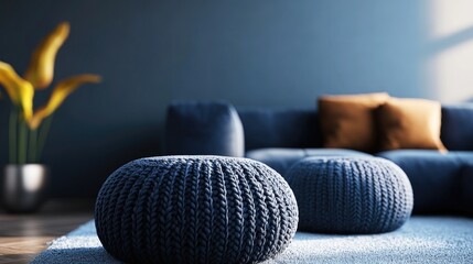 Two knitted poufs near dark blue corner sofa