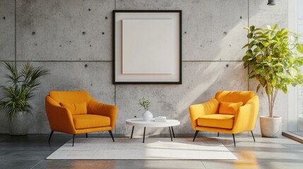 Two vibrant accent orange armchairs near white sofa against concrete tile wall with art frame 