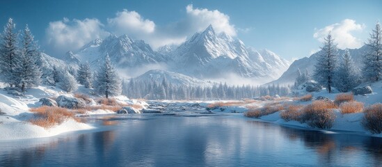 Poster - Snowy Mountain Landscape with River