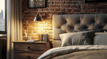 Wooden drawer nightstand near bed with grey fabric headboard Loft interior design of modern bedroom with brown brick wall