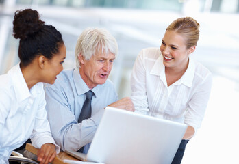 Poster - Business people, laptop and finance review in office, budget planning and team for collaboration. Staff, online and stock market website for exchange revenue, reading update and ideas for growth
