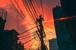 © RanDzign - Close up bottom view electricity overhead power lines on sunset sky in Jakarta Indonesia, with digital laser beam. Industrial technology background , ai