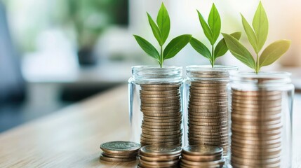 Wall Mural - Growing Money with Plant in Glass Jars on Wooden Table