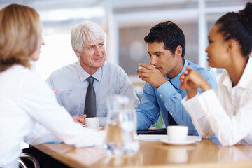 Poster - Business people, support and planning in meeting, conversation and teamwork for project. Group, employees and coworkers in boardroom, ideas and cooperation for proposal, discussion and collaboration