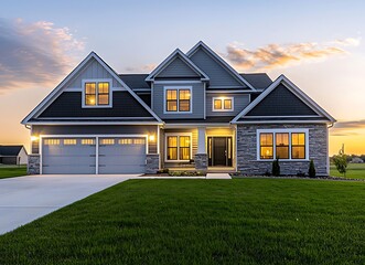 Beautiful Modern Home at Sunset with Lush Green Lawn