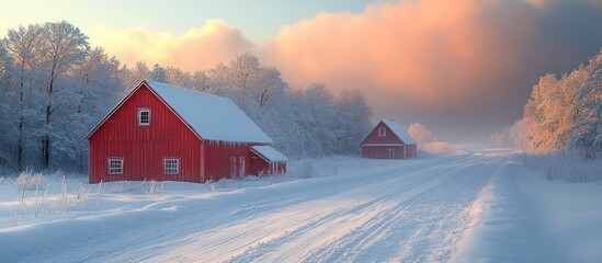 Wall Mural - Red Barns in a Winter Wonderland