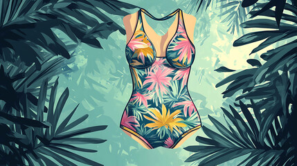 A colorful swimsuit with a tropical print.