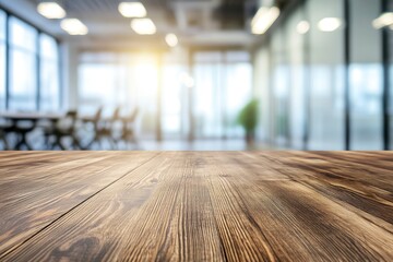 Empty wooden table top in front of a blurred background, showcasing a stylish office meeting area, ideal for business advertising presentations , ai