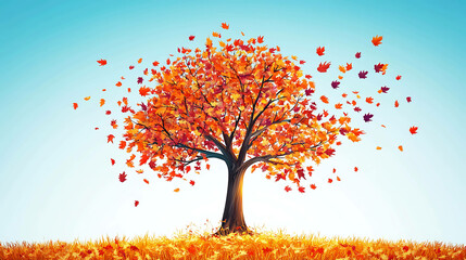 a single tree with vibrant orange and red leaves stands against a blue sky. leaves fall gracefully t
