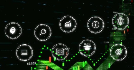 Aufkleber - Animation of icons over data processing on black background