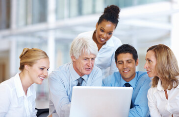 Poster - Business people, laptop and accounting report in office, budget planning and team for collaboration. Staff, online and stock market website for exchange revenue, reading update and ideas for growth