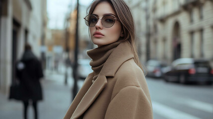 A woman in a brown coat and round sunglasses walks down a city street.