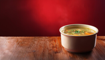 Wall Mural - Bowl of tasty Gazpacho soup on red background