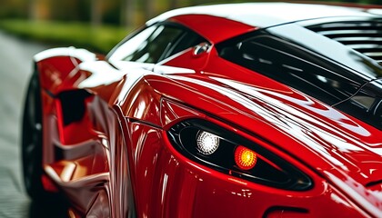 A close-up of the rear of a red sports car, with shining lights reflecting the streamlined design, showing movement and speed.