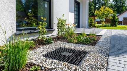 Modern Home Exterior with Gravel Path and Drain Cover