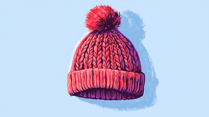 Wall Mural - A bright pink knitted beanie with a fluffy pom-pom, isolated against a light blue background.