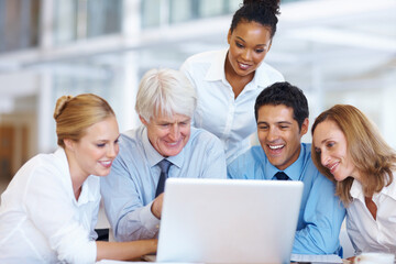Poster - Business people, laptop and budget discussion in office, planning report and team for collaboration. Staff, online and stock market website for exchange revenue, reading update and ideas for growth