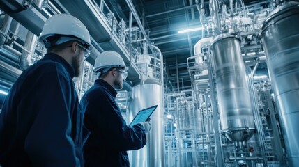 Engineers monitoring a carbon capture system connected to a hydrogen production facility, with futuristic machinery