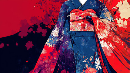 Sticker - Abstract kimono illustration with red and blue hues.