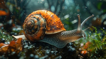 Slow and Steady Snail Crawling on a Leaf in Nature