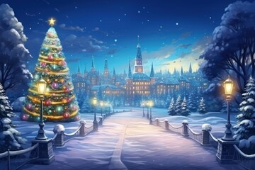 Magical Christmas background with winter park and shining lights. Fairytale abstract illustration style.