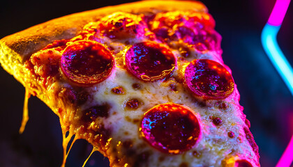 Wall Mural - A close-up of a delicious slice of pepperoni pizza, showcasing melted cheese and vibrant colors.