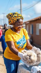 African women distributing clothing and supplies at a local outreach event, showcasing community spirit and generosity.