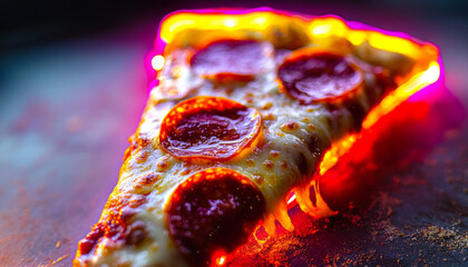 A close-up of a pepperoni pizza slice with vibrant neon lighting, highlighting its cheesy texture and toppings.