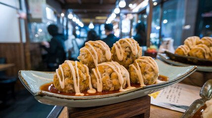 Close-up of a plate of Japanese Takoyaki topped with green onions and sauce in a cozy Japanese restaurant setting with soft lighting and traditional interior design. 