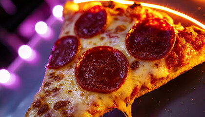 Wall Mural - A close-up of a slice of pepperoni pizza with gooey cheese and a crispy crust, set against a colorful background.